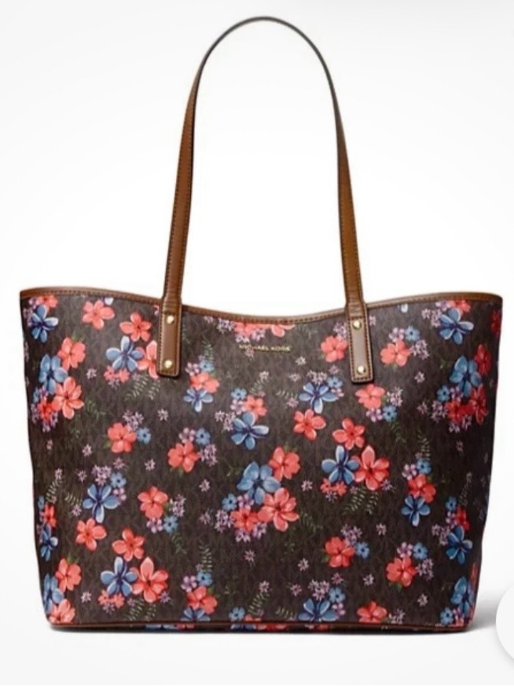Michael Kors Carter Large Floral-Printed Logo Tote Bag with Coral & Blue Flowe